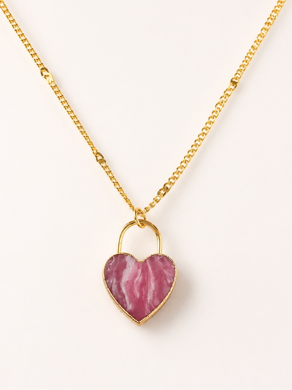 18K Gold Plated Pink Rhodochrosite Heart Love Lock Pendant Necklace